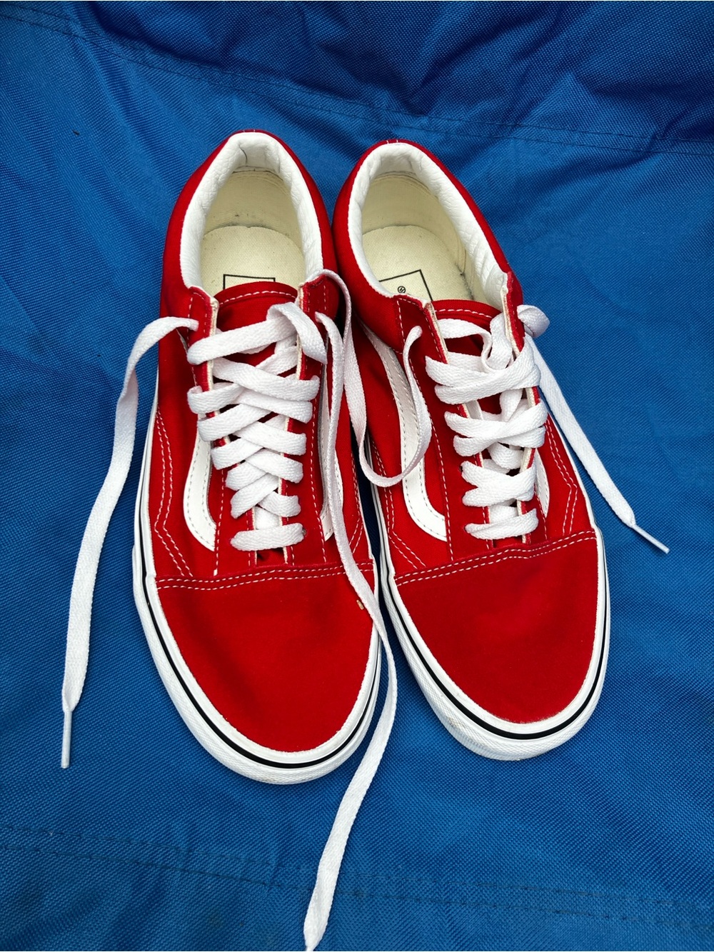 Women’s 8.5 Old Skool Red Vans Canvas Low-Top Sneakers with White Stripe
